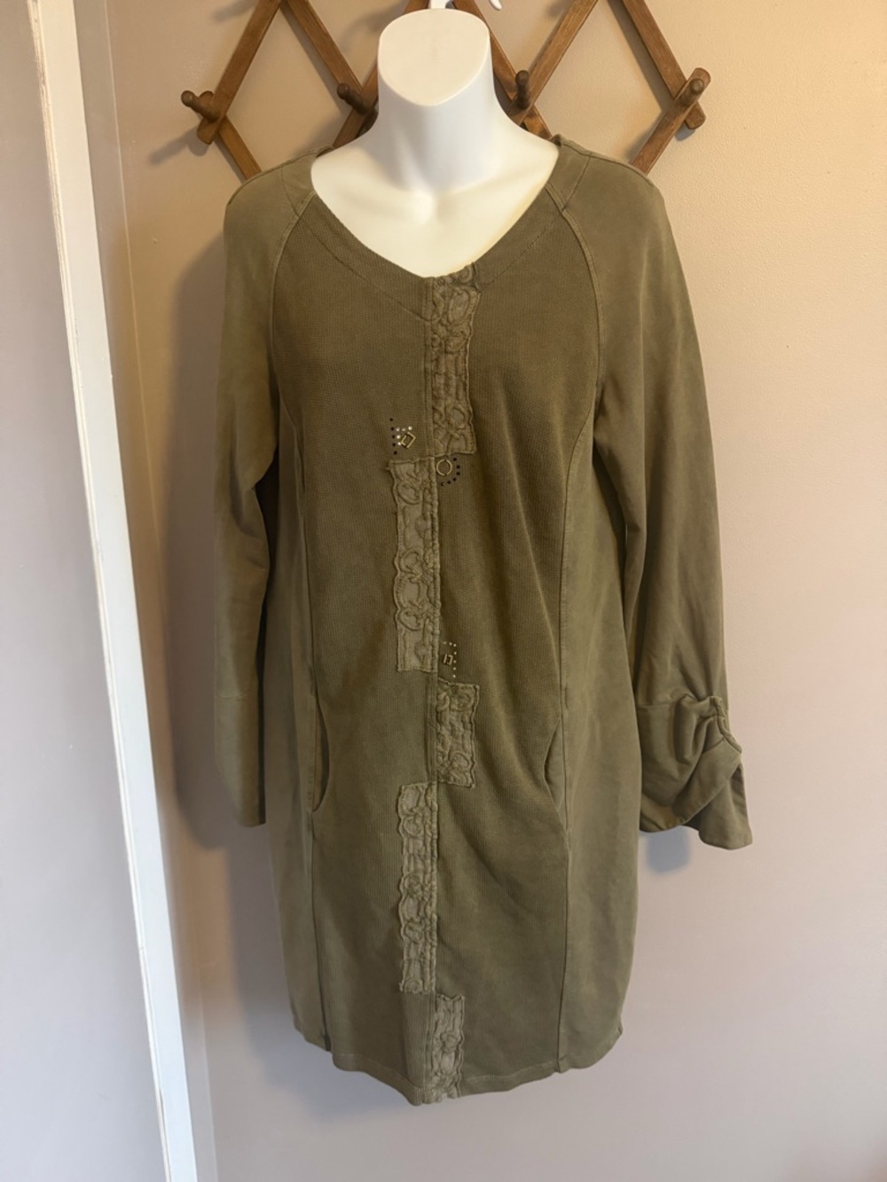 Elisa Cavaletti Olive Embroidered Knit Tunic lagenlook Dress IT 42/S